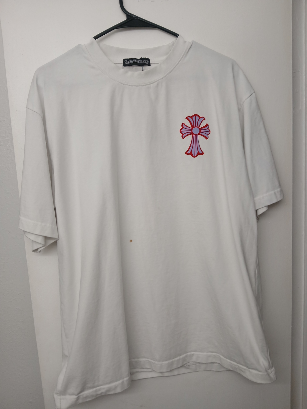 Chrome Hearts White Short-Sleeve T-Shirt with Pink and Red Cross